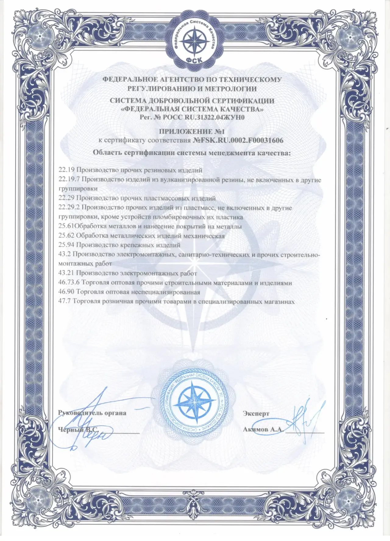 Приложение №1 к сертификату соответствия
